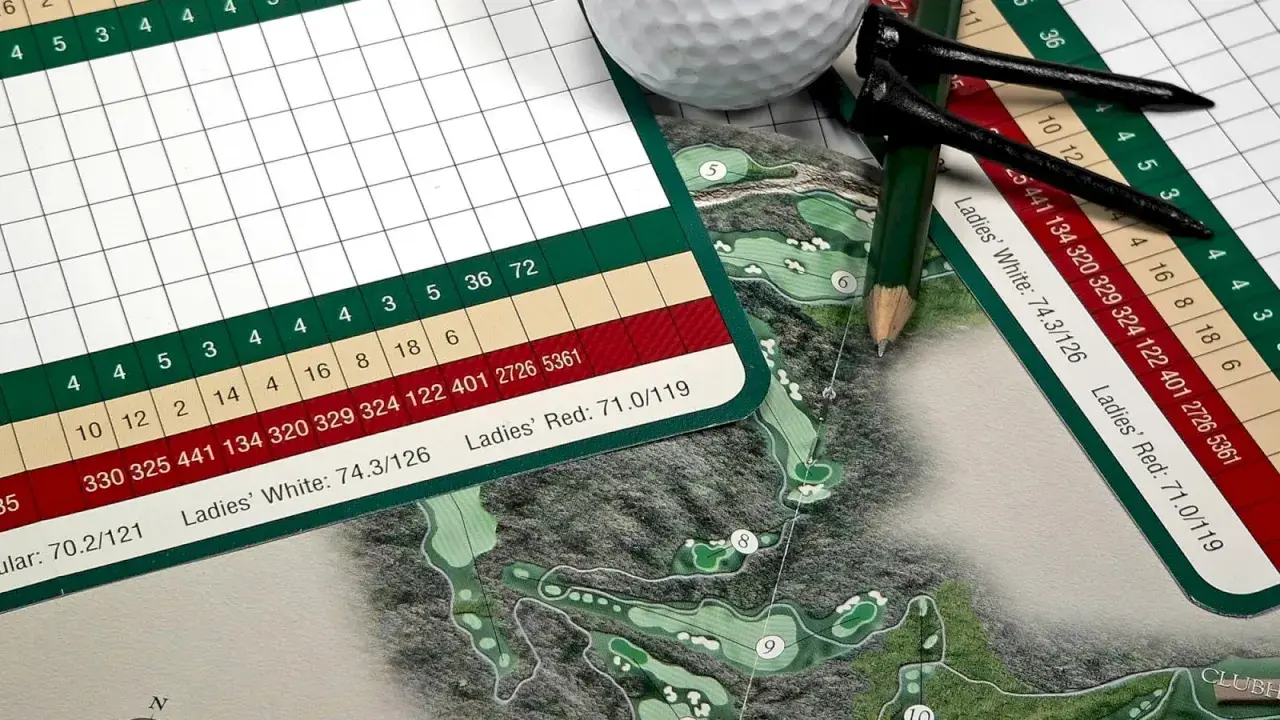 Golfutrustning: scorekort, peggar, golfboll och en golfbanekarta. Perfekt för ett par i golf som planerar sin runda.