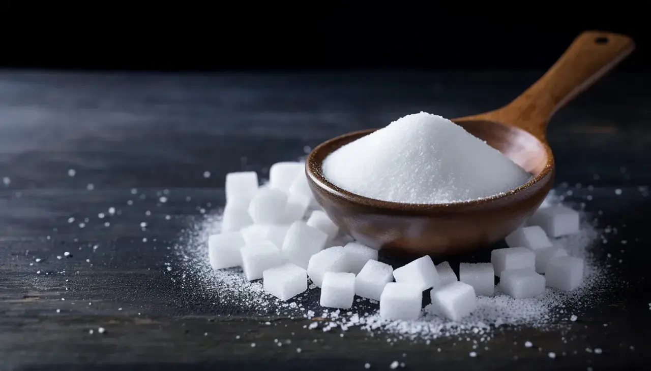 En träsked fylld med socker, omgiven av sockerbitar. Ett alternativ för dem med diabetes, som erytritol.