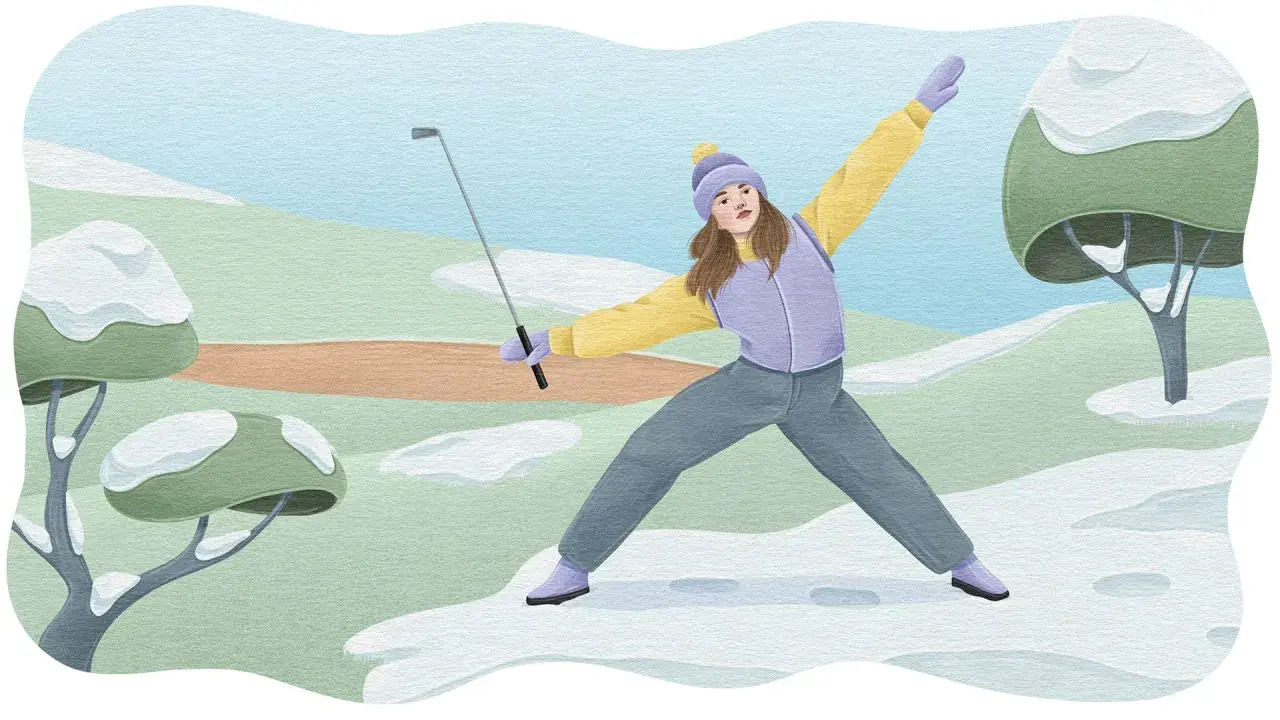 En person med golfklubba i en snöig miljö, redo för golf vinter.