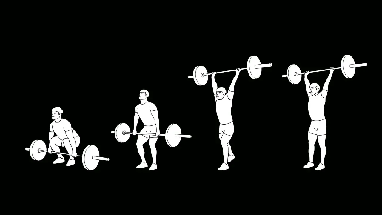Steg för steg illustration av olympiska lyft: från marken, upp till axlarna, och slutligen över huvudet.