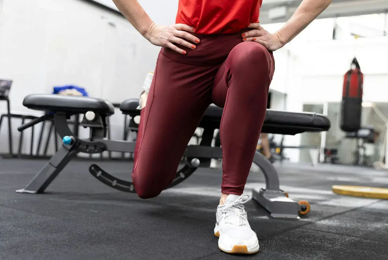 En person utför split squats i ett gym. En boxningssäck syns i bakgrunden.