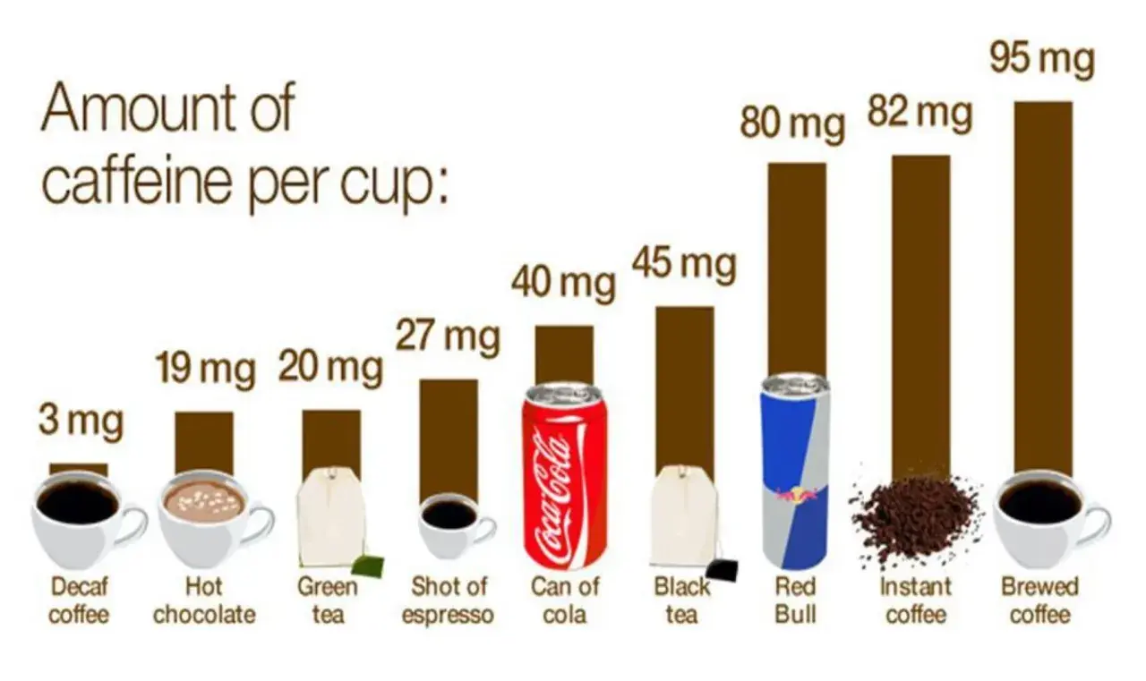 Grafik visar mängden adenosin och koffein i olika drycker. Bryggkaffe har mest koffein, medan koffeinfritt kaffe har minst.