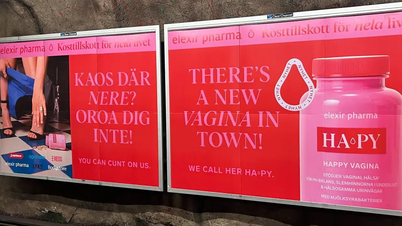 Reklam för kosttillskottet Happy Vagina. Frågar om kaos där nere och säger att man kan lita på dem.