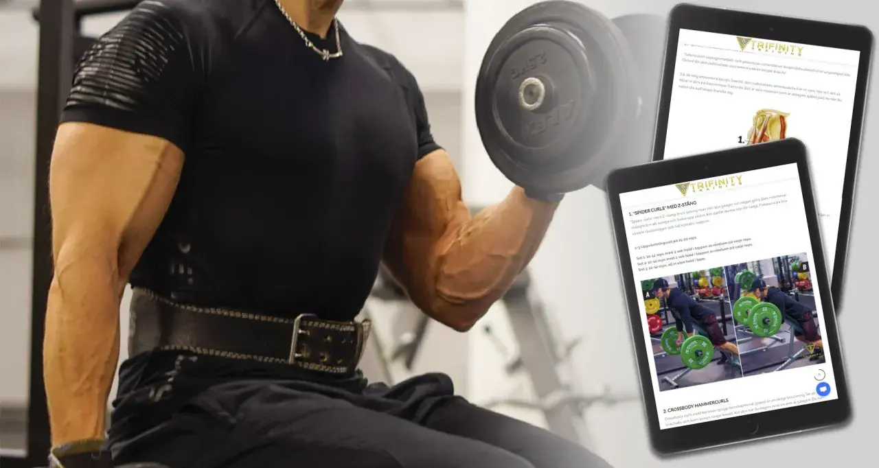 Man utför preacher curls med en hantel. En surfplatta visar övningar för biceps, inklusive "spider curls".