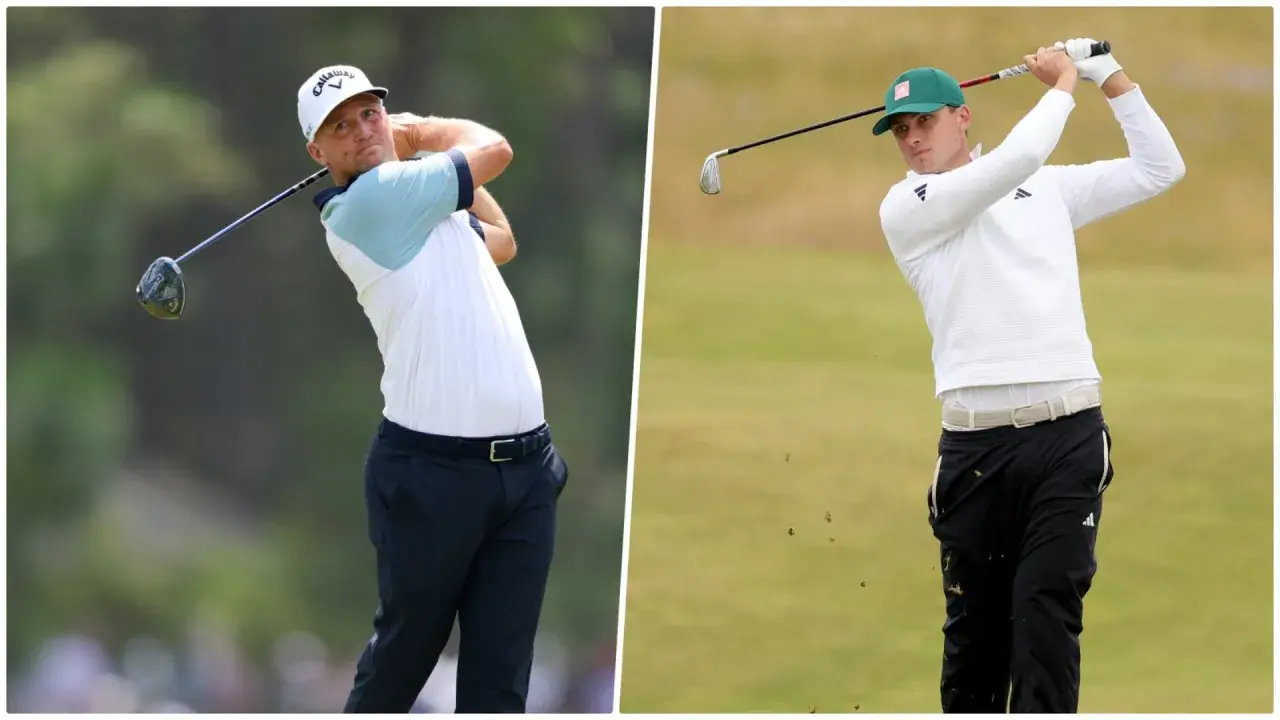 Två golfare i full sving. Den ena bär en vit keps och ljusblå tröja, den andra en grön keps och vit tröja. De tävlar i golf OS.