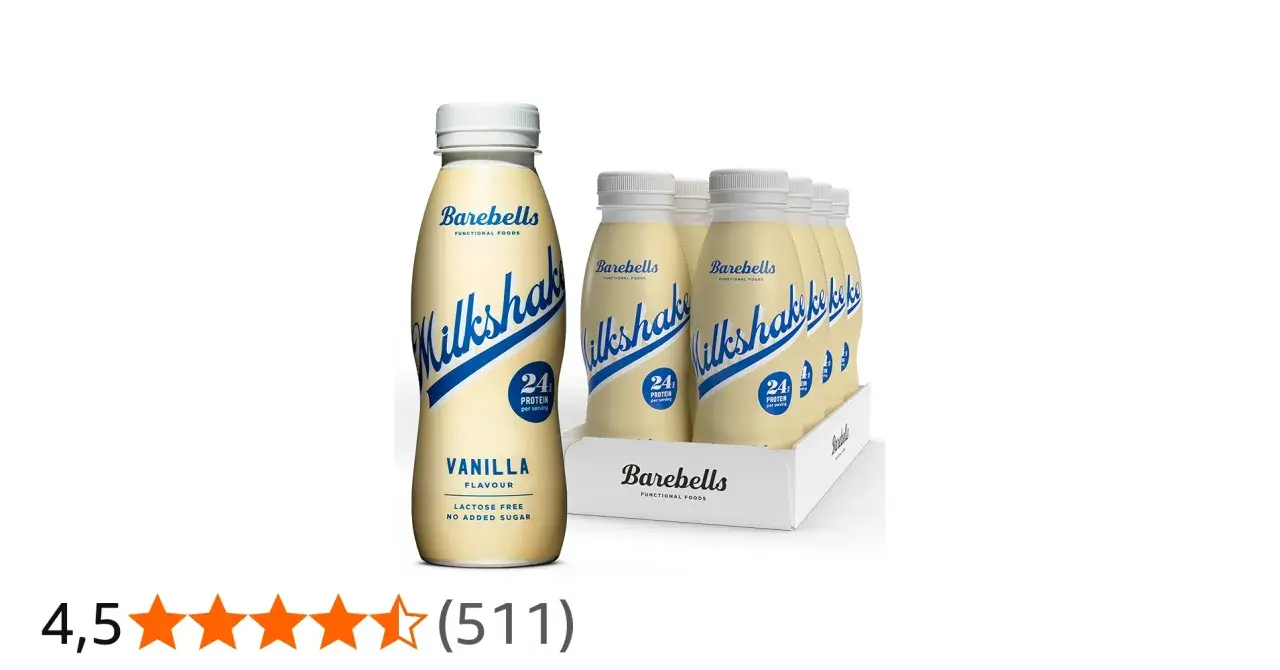 Barebells vaniljmilkshake, 24g protein per portion, laktosfri, inget tillsatt socker. Perfekt för dig som vill ha koll på dina barebells milkshake kcal.