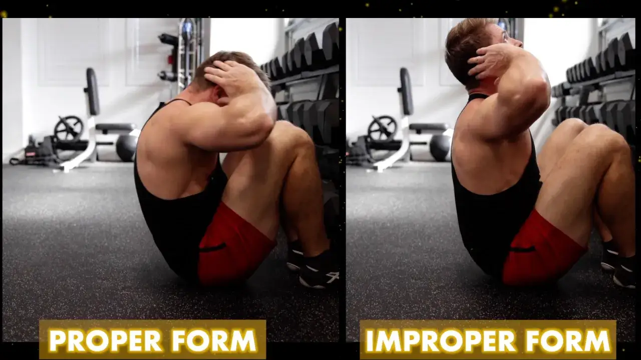 Man visar korrekt och felaktig teknik för sit-ups i ett gym.