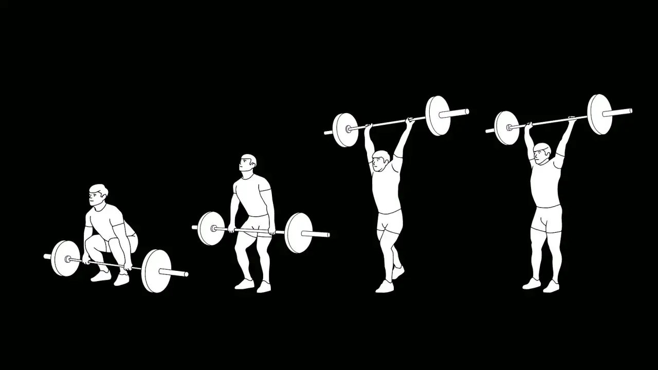 Illustration av en person som utför olympiska lyft i fyra steg: från marken, upp till axlarna, och slutligen över huvudet.