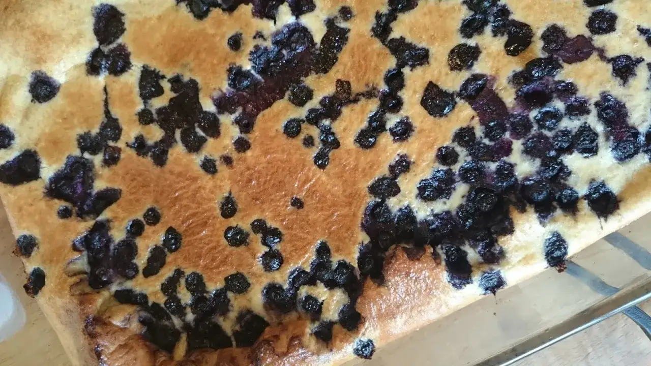 En gyllene protein ugnspannkaka med blåbär, perfekt för en hälsosam frukost eller mellanmål.