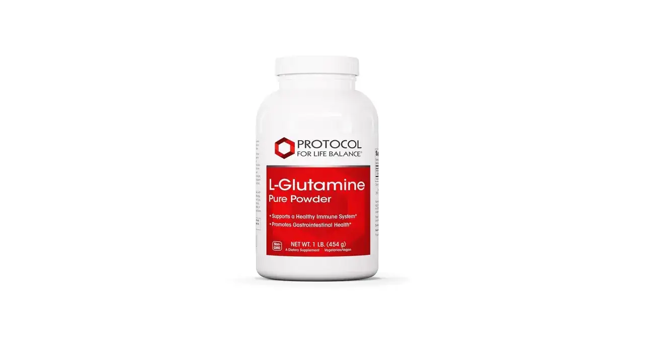 En burk med L-Glutamin pulver. Läs om l-glutamin biverkningar och dess fördelar för immunförsvar och maghälsa.