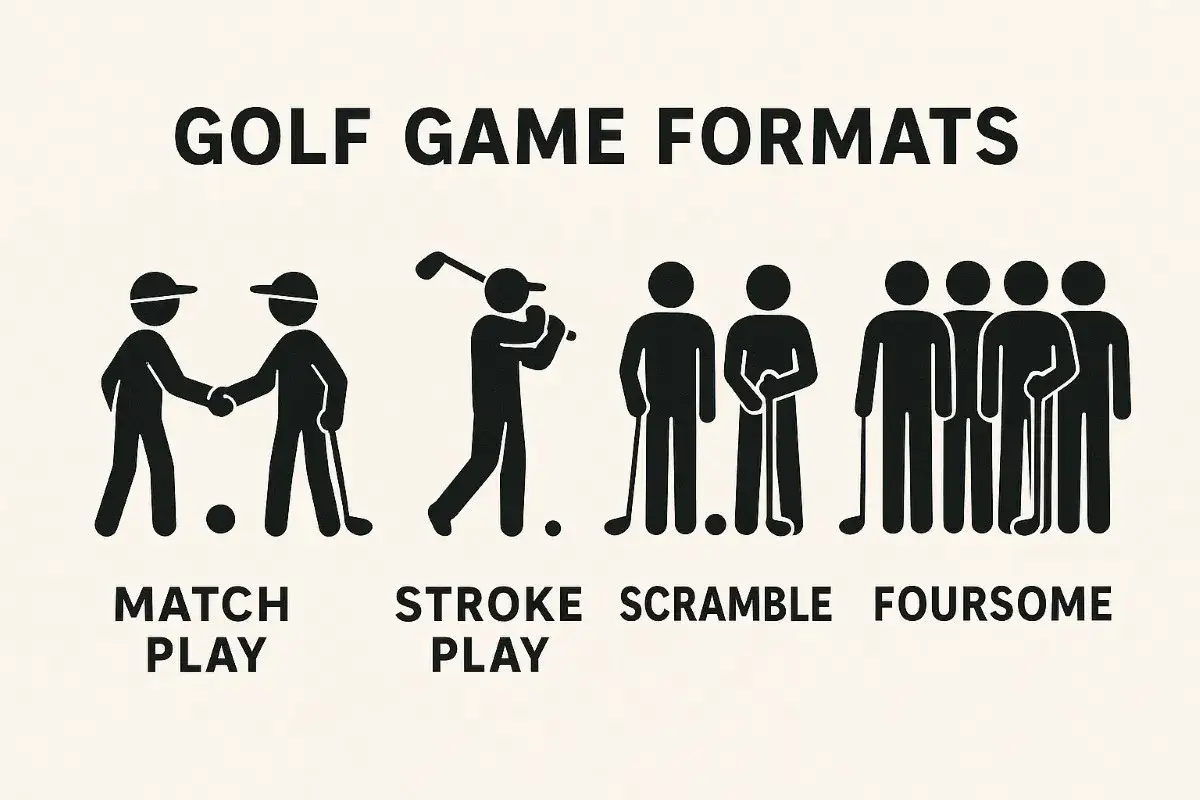 Illustration visar olika spelformer golf: matchspel, slagspel, scramble och foursome.