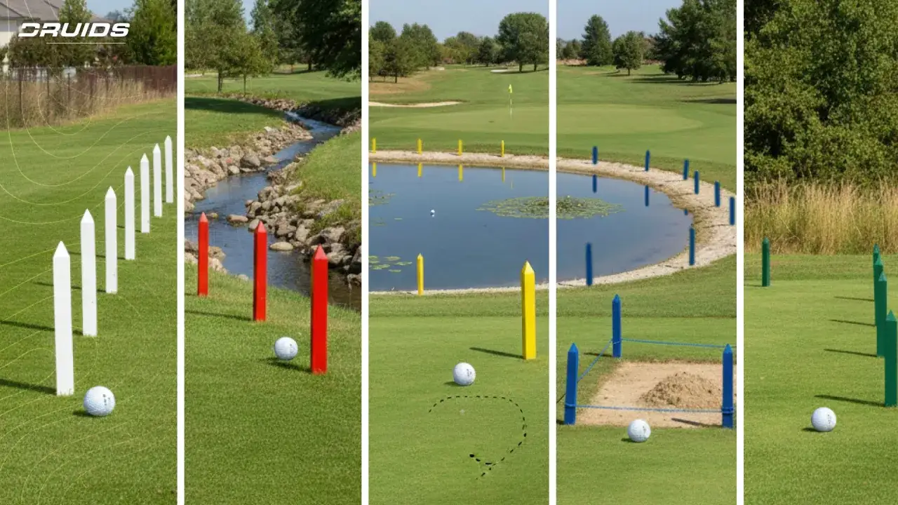 Olika färgade markeringar på golfbanan, som vita, röda, gula, blå och gröna, visar olika zoner och hinder. Vad betyder vit markering på banan? Ofta indikerar vita markeringar gränser för banan eller out-of-bounds.