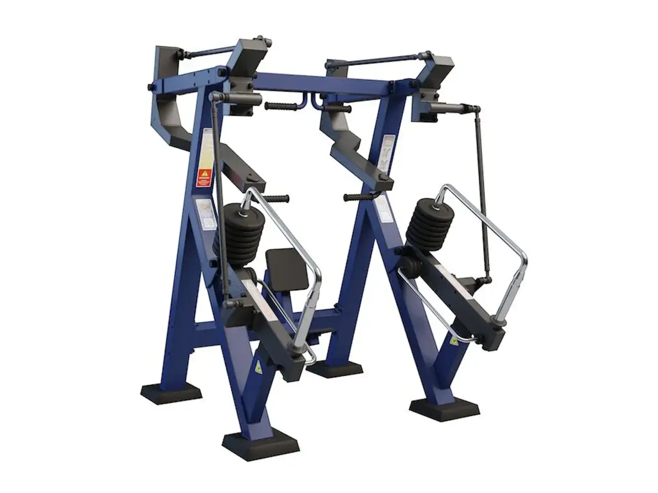 Blå gymmaskin för flyes-övningar, med viktmagasin och handtag. Perfekt för att bygga bröstmuskler.