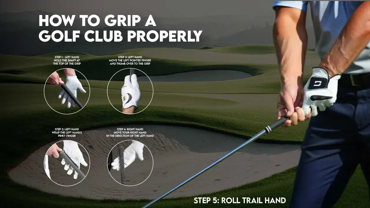 Instruktioner för hur man håller en golfklubba korrekt. Bilden visar steg-för-steg hur man greppar klubban med båda händerna.