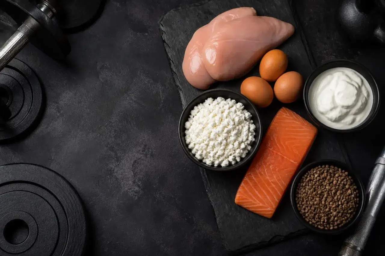 Här är en bild som visar hur mycket protein per dag du kan få från kyckling, lax, ägg, kvarg och bovete, tillsammans med träningsvikter.