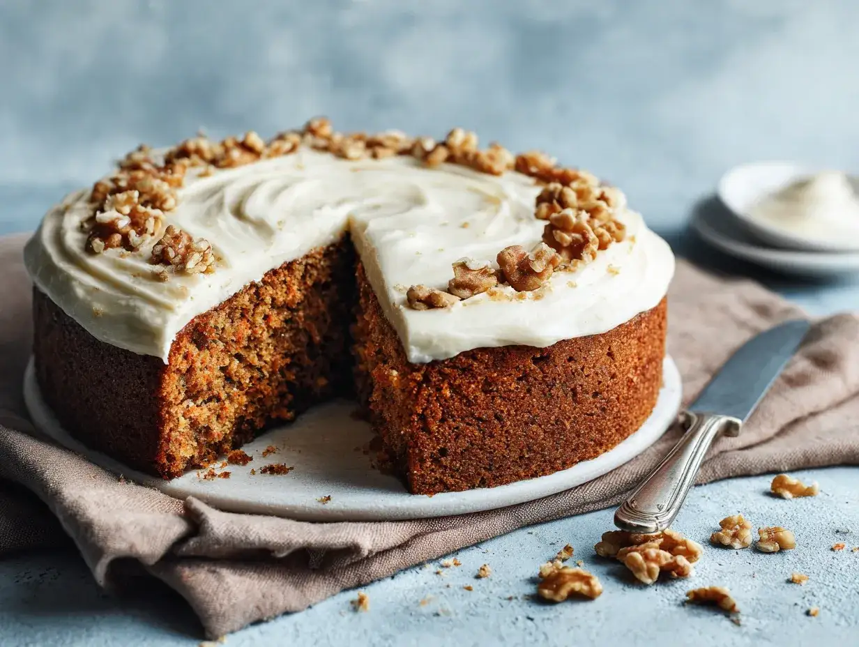 En saftig sockerfri morotskaka med krämig frosting och valnötter, redo att skäras upp.