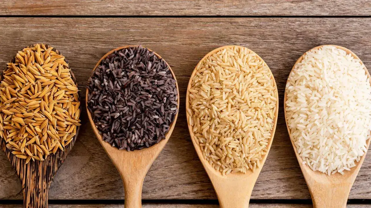 Fyra skedar med olika sorters ris: r&aring;ris, svart ris, brunt ris och vitt ris. R&aring;ris &auml;r en bra k&auml;lla till ris fiber.