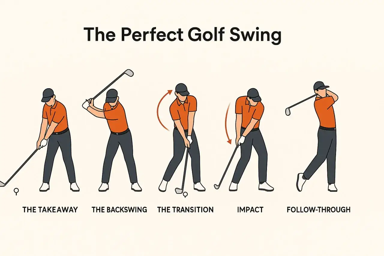 Illustration av en perfekt golf sving i fem steg: takeaway, backswing, transition, impact och follow-through.