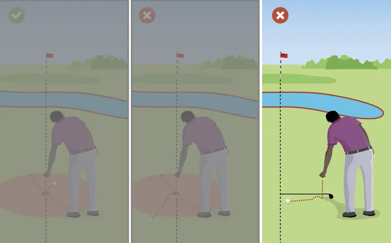 En golfare övar sin putta. Bilden visar tre olika scenarion för hur man kan putta en golfboll.