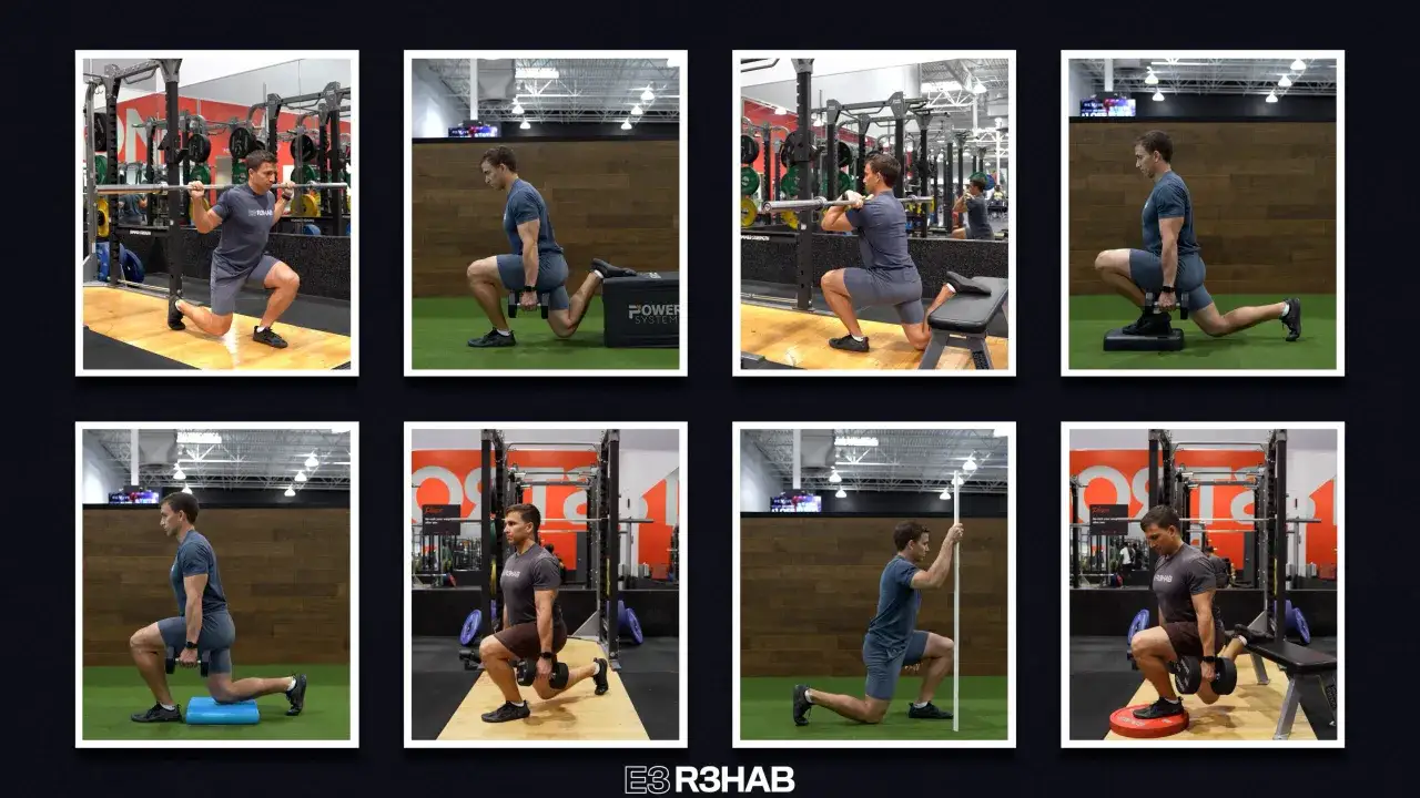 Man utför olika varianter av split squats med skivstång, hantlar och en pinne för balans.
