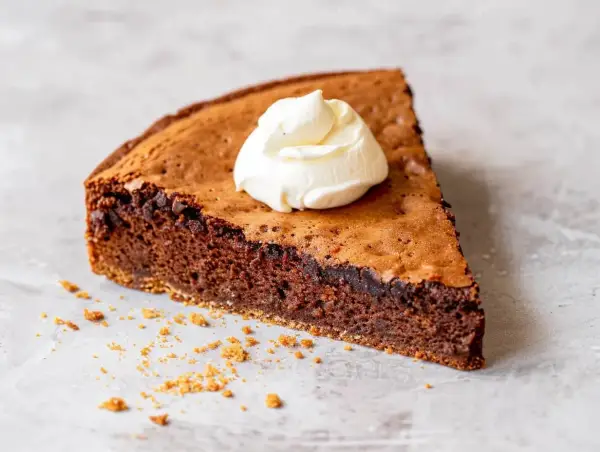 En bit chokladkaka med proteinpulver, toppad med vispad grädde. Perfekt för den som vill baka med proteinpulver.